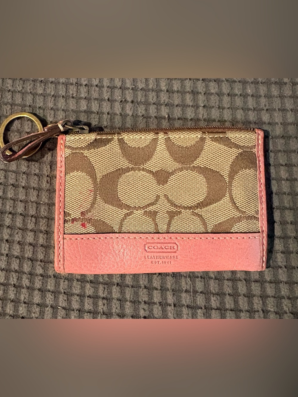 COACH Signature Canvas and Pink Leather Card Case Keychain